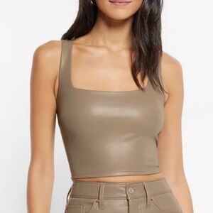 Express Body Contour Faux Leather Cropped Tank Top in Taupe XS